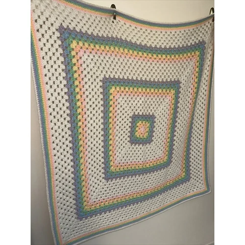 NEW Pastel Rainbow Crochet Knit Blanket 3‎ Feet 3' White Baby Boy Girl Square